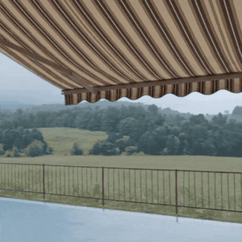 Awning holds up to severe Pennsylvania weather, as heavy rain cascades off the of fabric