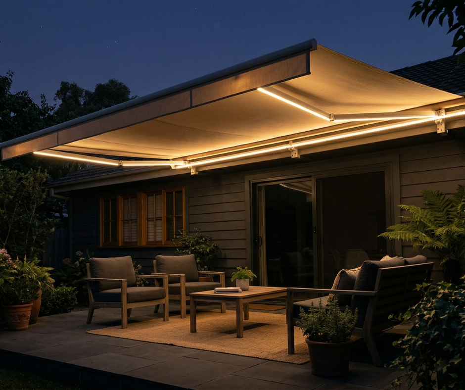 A Pennsylvania home at night with an extended awning, equipped with LED lighting.
