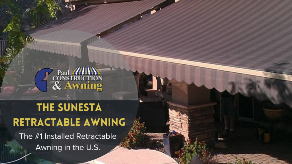The Sunesta Retractable Awning: The number 1 Installed Retractable Awning in the U.S. Two large outdoor retractable awnings creating shade in a New England patio.