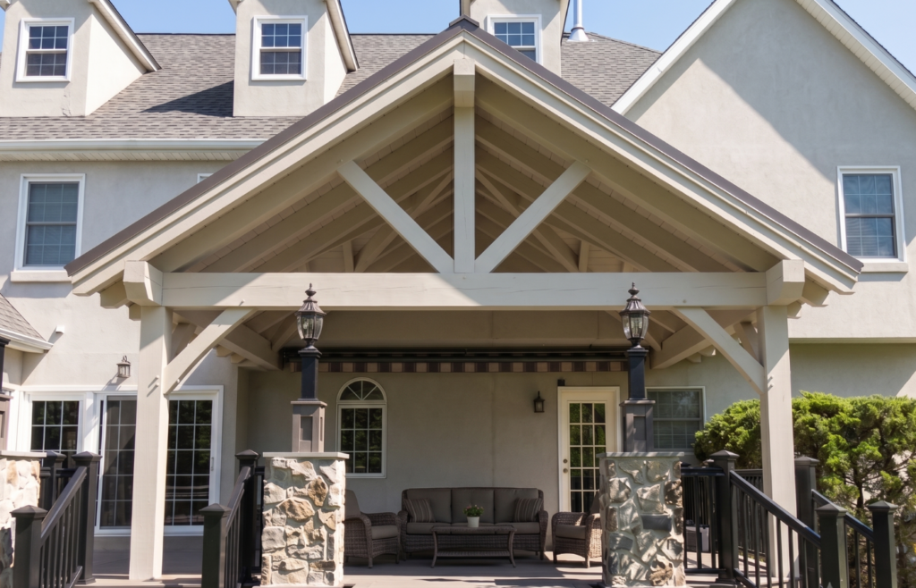 Roof structure providing shade for a backyard patio to provide relief from radiant heat.