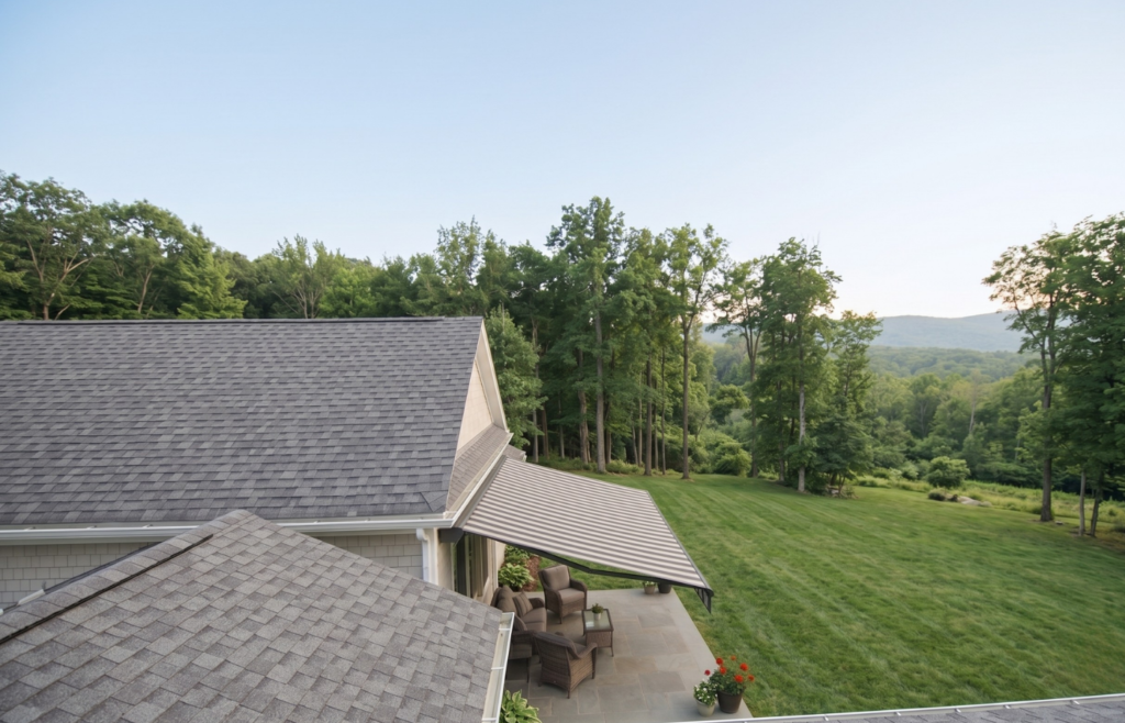 A professionally installed retractable awning providing shade for a Pennsylvanian backyard patio.