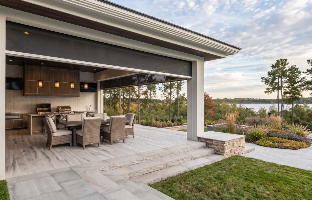 An idyllic screened-in patio with an outdoor kitchen and dining area.