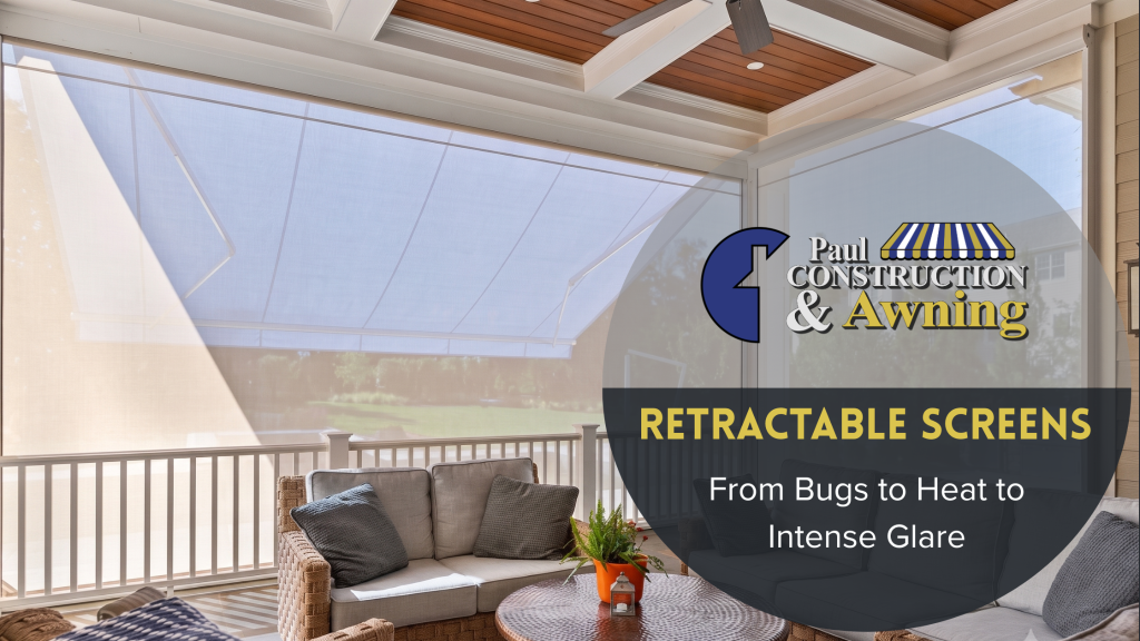 A fully screened-in porch with a retractable awning that can be seen providing even more shade in the adjacent outdoor area.
