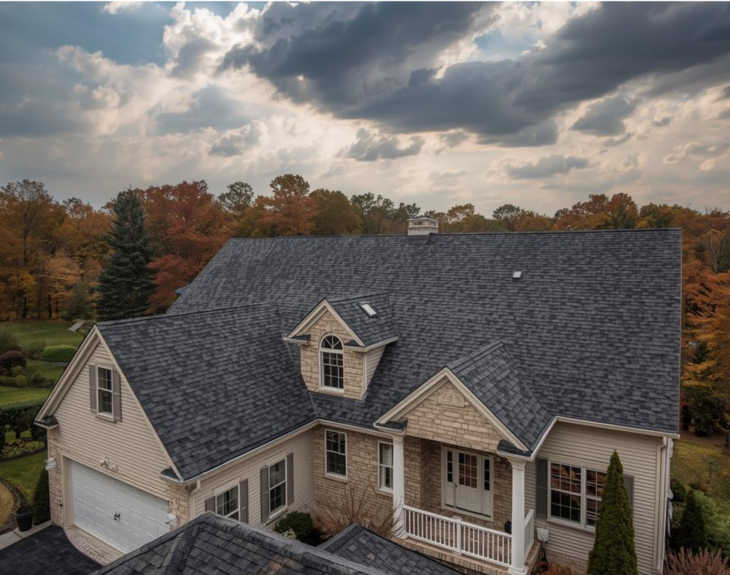 A picturesque view of a upstate Philadelphia home with grey skies and an autumnal backdrop, with aprofessionally installed shingle roof.