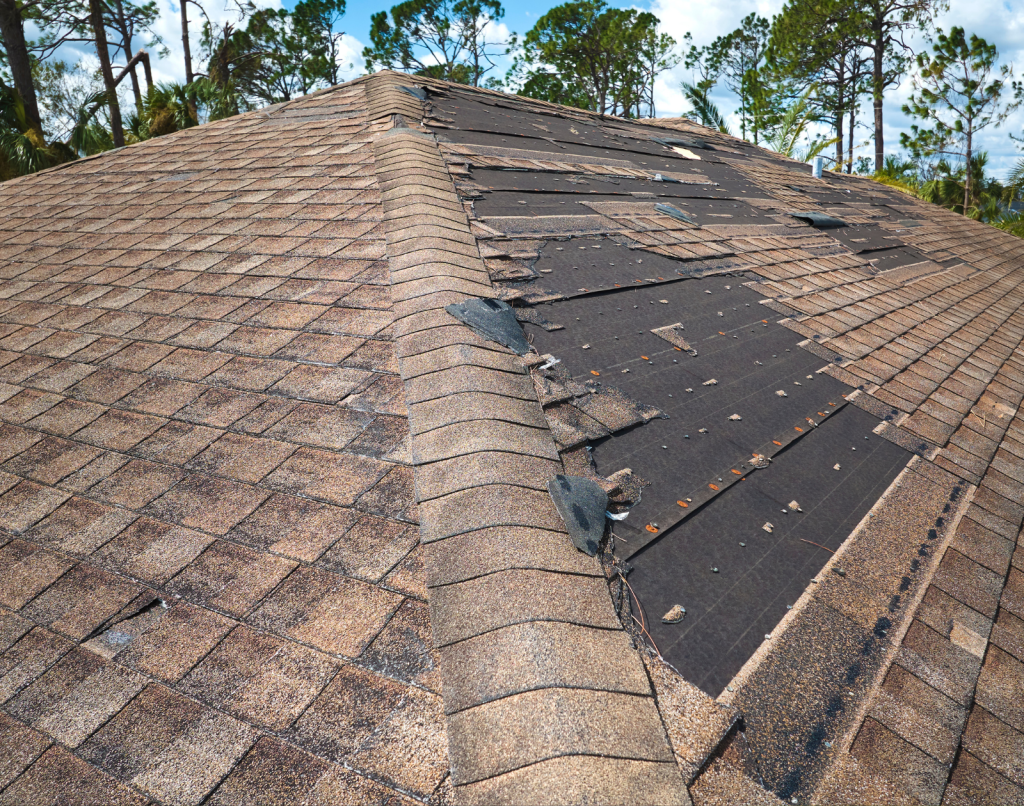 A close-up of a worn-down roof with torn and missing shingles.