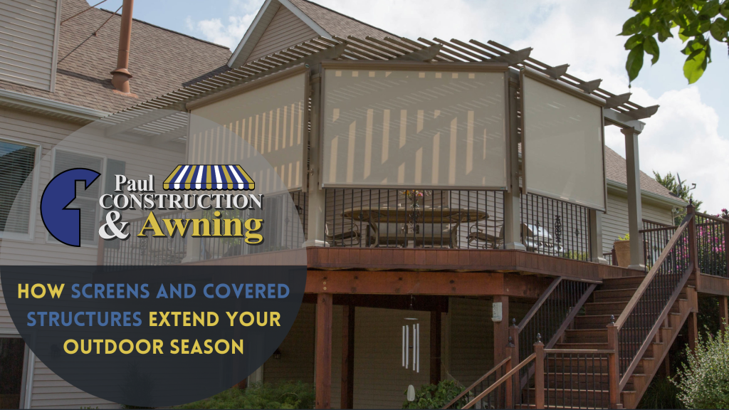 A raised deck sheltered by a pergola as well as several paneled retractable screens.