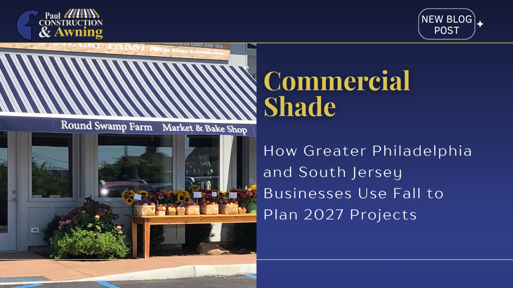 A fixed awning supplying shade as a commercial shade solution.