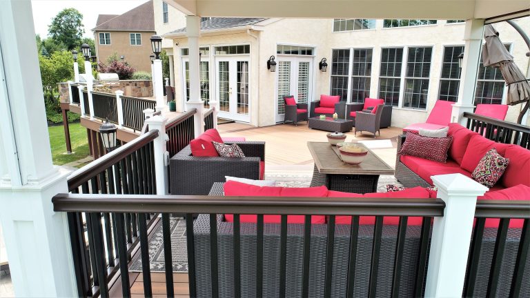 Aerial view of a deck gazebo with lounge seating