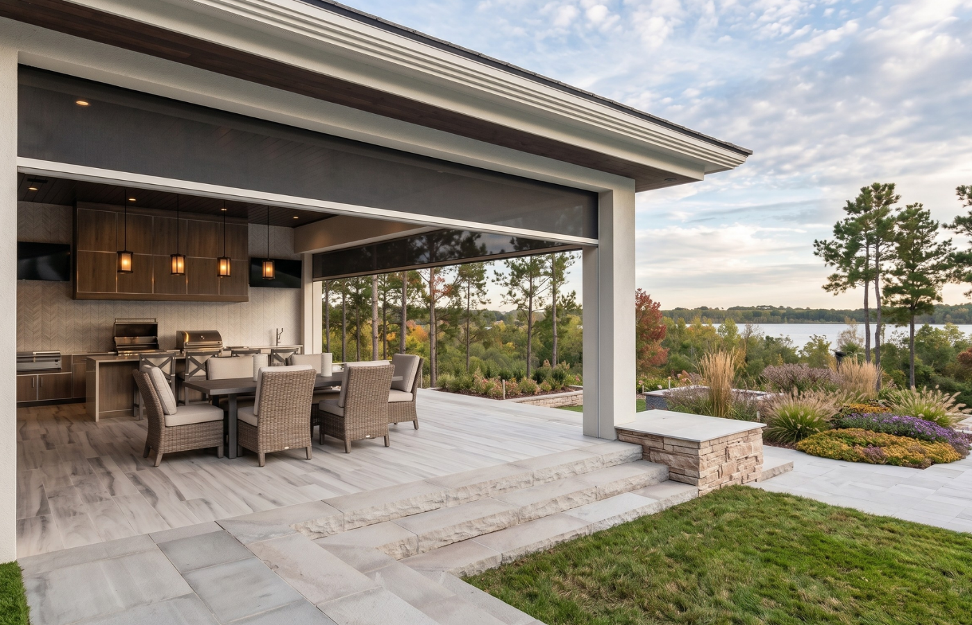 An idyllic screened-in patio with an outdoor kitchen and dining area.